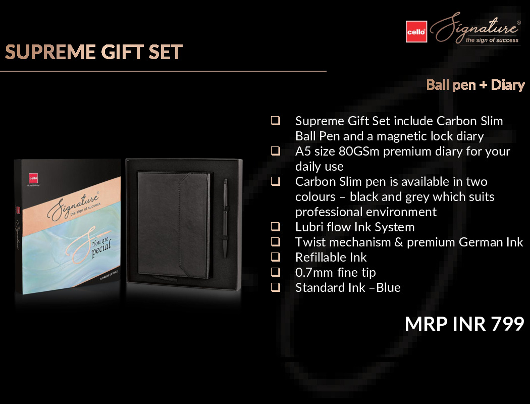 Cello Supreme Gift Set - Carbon Slim Ball Pen and a magnetic lock diary