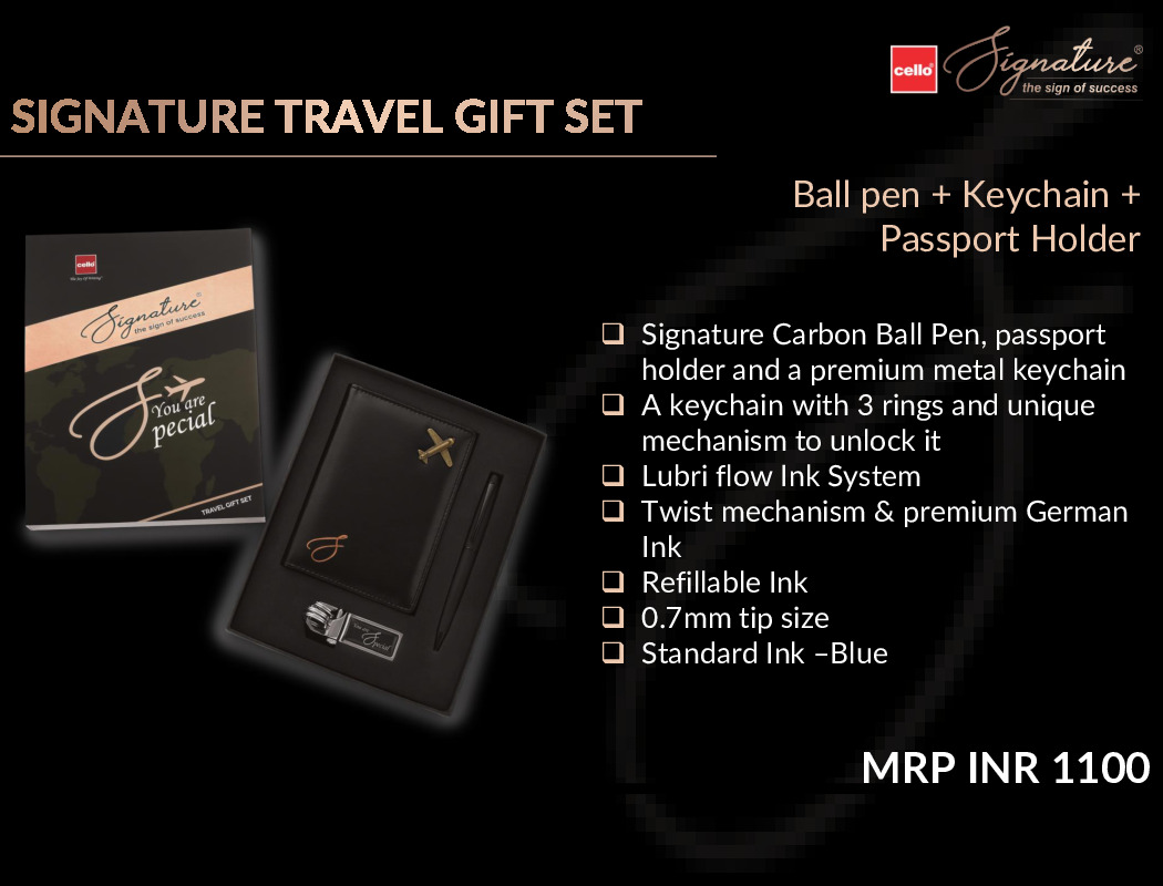 Cello Signature Travel Giftset-Carbon Ball Pen, passport holder and a premium metal keychain