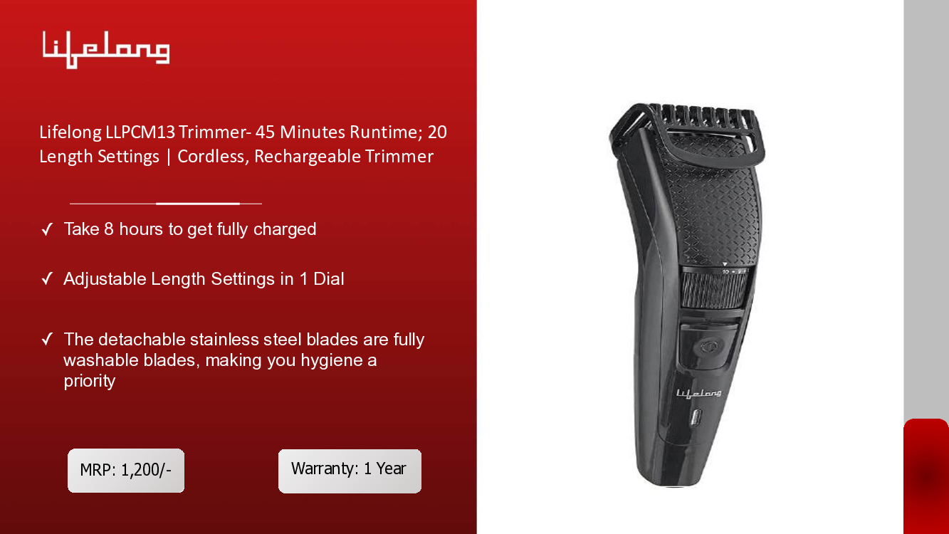 Lifelong Trimmer- 45 Minutes Runtime; 20 Length Settings | Cordless, Rechargeable Trimmer