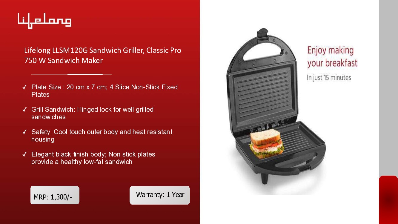 Lifelong Sandwich Griller, Classic Pro 750 W Sandwich Maker