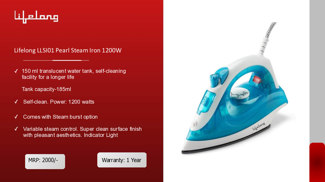 Lifelong Pearl Steam Iron 1200W