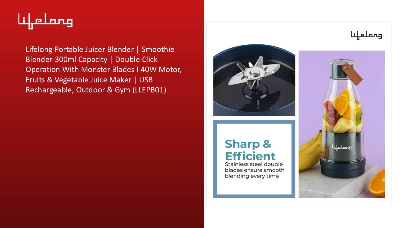 Lifelong Portable Juicer Blender | Smoothie Blender-300ml Capacity | Double Click Operation With Monster Blades I 40W Motor, Fruits & Vegetable Juice Maker | USB Rechargeable, Outdoor & Gym