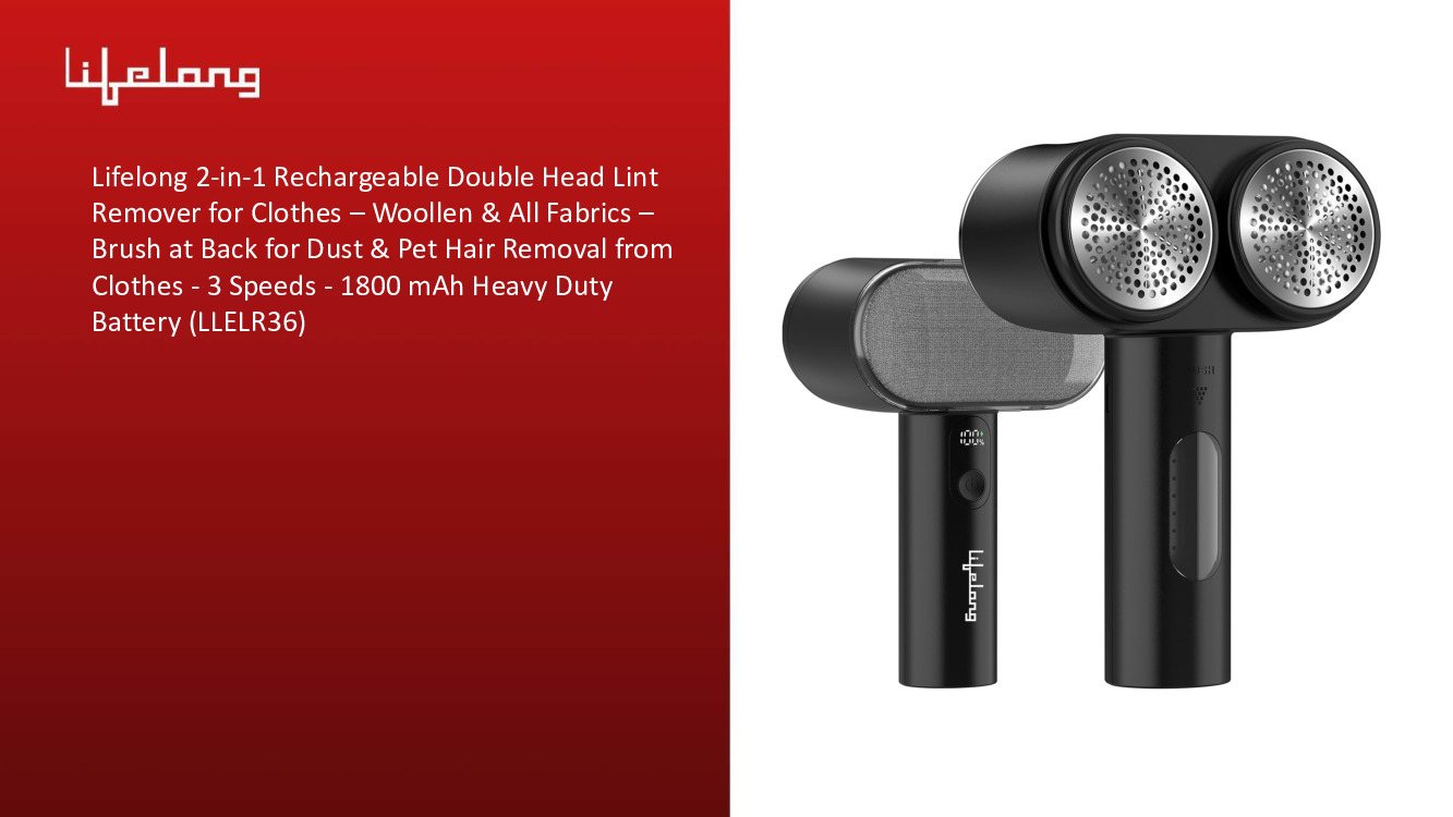 Lifelong 2-in-1 Rechargeable Double Head Lint Remover for Clothes – Woollen & All Fabrics – Brush at Back for Dust & Pet Hair Removal from Clothes - 3 Speeds