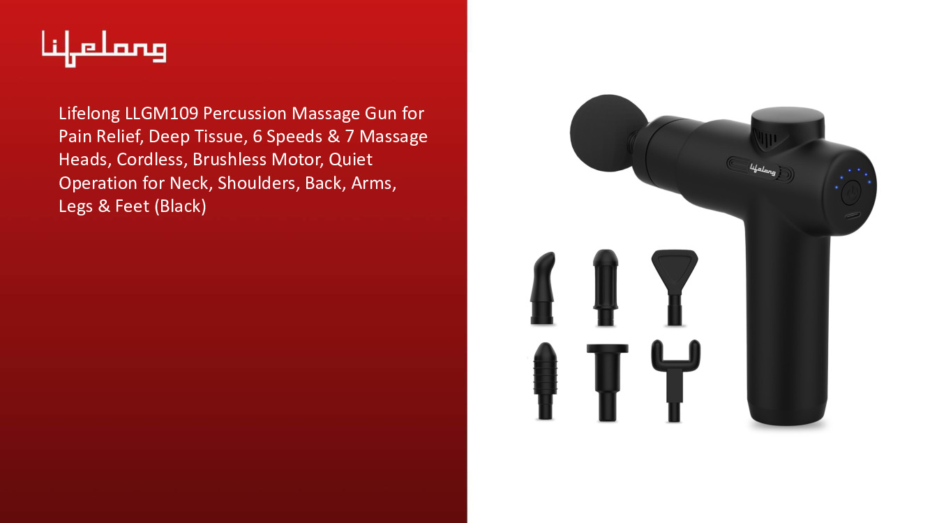 Lifelong Percussion Massage Gun for Pain Relief, Deep Tissue, 6 Speeds & 7 Massage Heads, Cordless, Brushless Motor, Quiet Operation for Neck, Shoulders, Back, Arms, Legs & Feet (Black)
