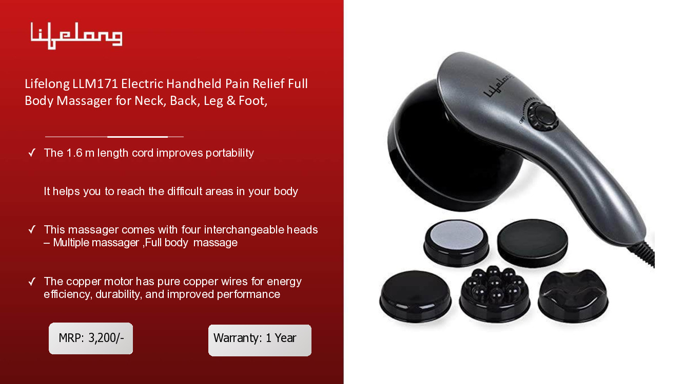 Lifelong Electric Handheld Pain Relief Full Body Massager for Neck, Back, Leg & Foot,