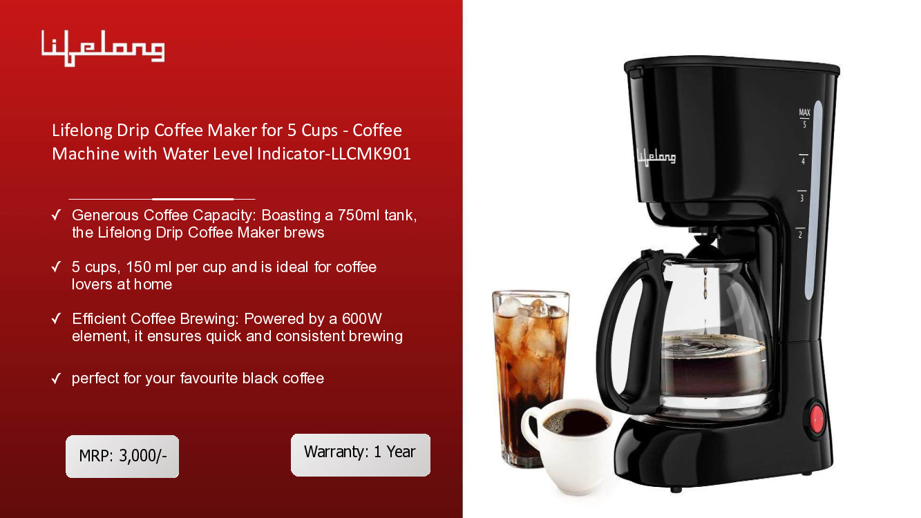 Lifelong Drip Coffee Maker for 5 Cups - Coffee Machine with Water Level Indicator