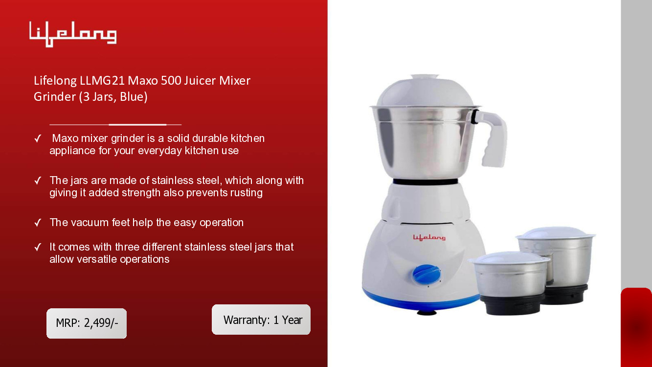 Lifelong Maxo 500 Juicer Mixer Grinder (3 Jars, Blue)