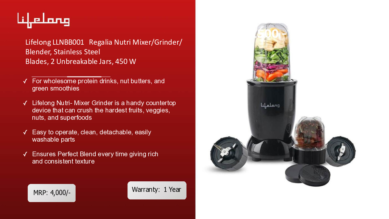Lifelong Regalia Nutri Mixer/Grinder/Blender, Stainless Steel Blades, 2 Unbreakable Jars, 450 W