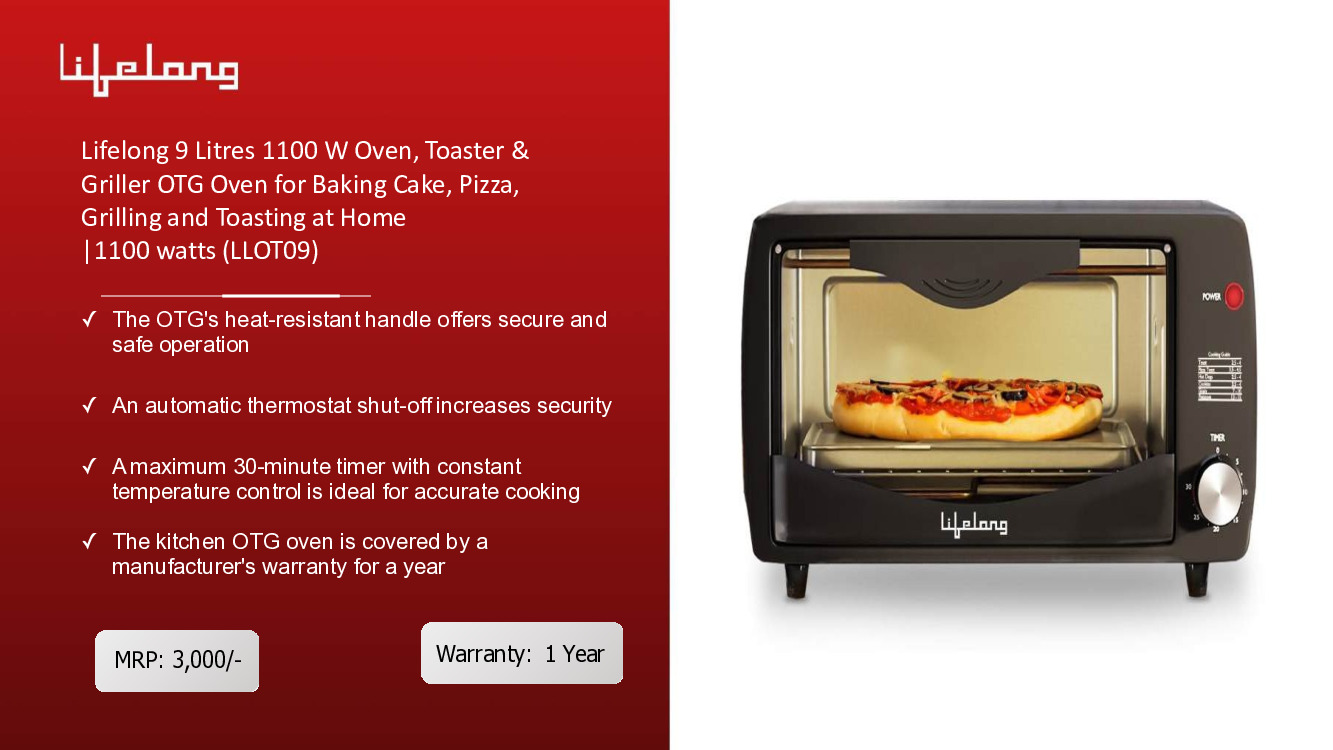 Lifelong 9 Litres 1100 W Oven, Toaster & Griller OTG Oven for Baking Cake, Pizza, Grilling and Toasting at Home |1100 watt