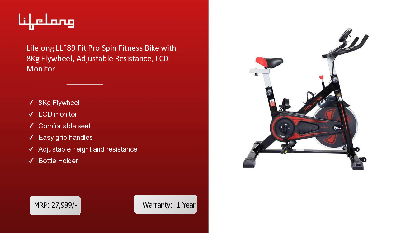 Lifelong Fit Pro Spin Fitness Bike with 8Kg Flywheel, Adjustable Resistance, LCD Monitor