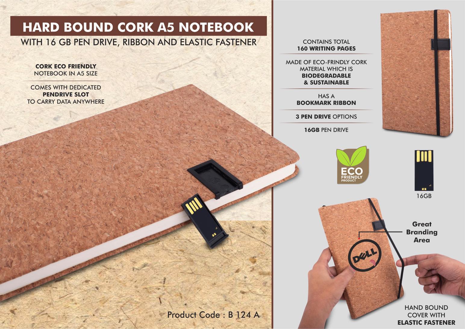 Hard bound Cork A5 notebook with 16 GB Pen Drive , Ribbon and elastic fastener