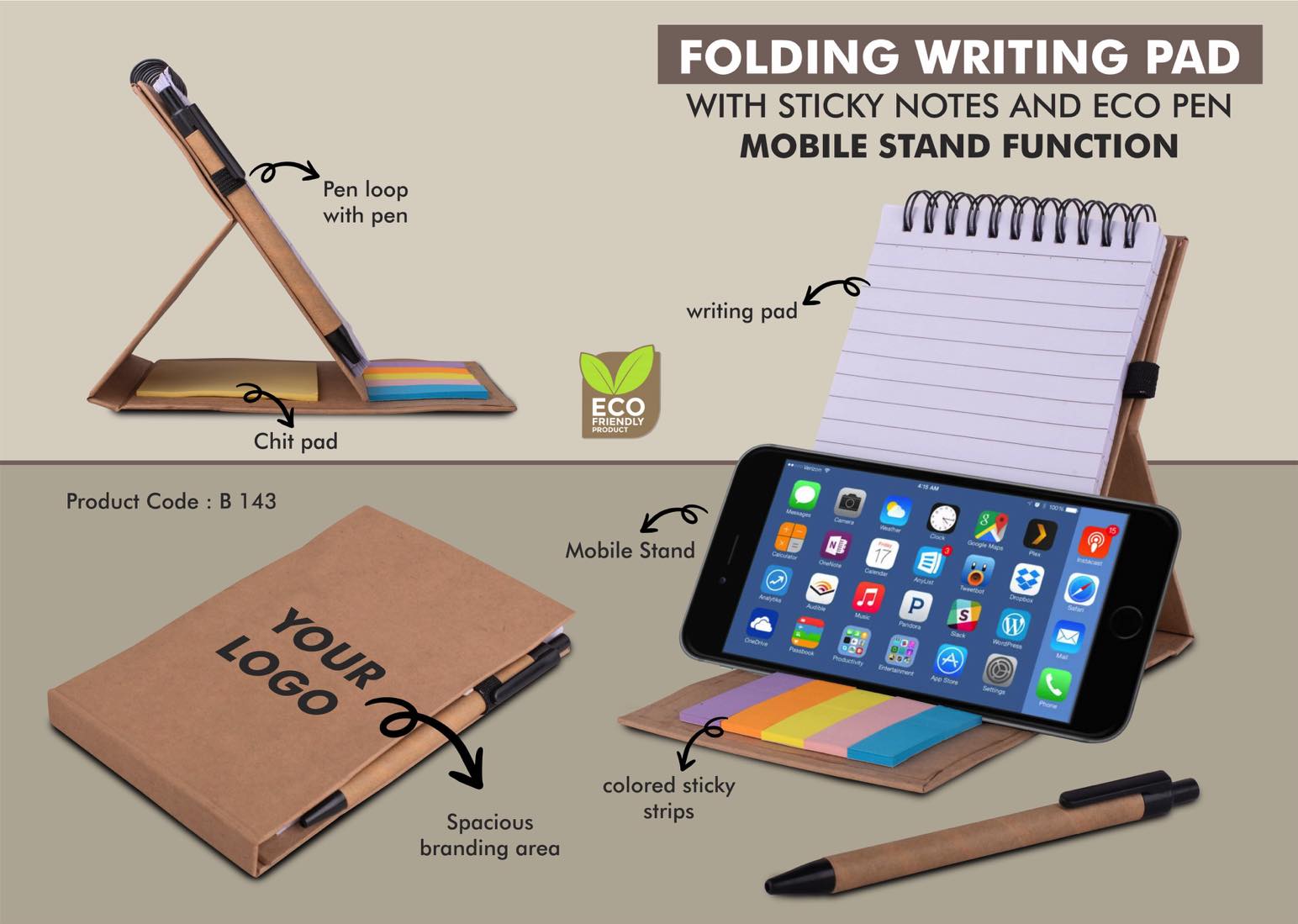 Folding writing pad with Sticky notes and Eco pen - Mobile stand function