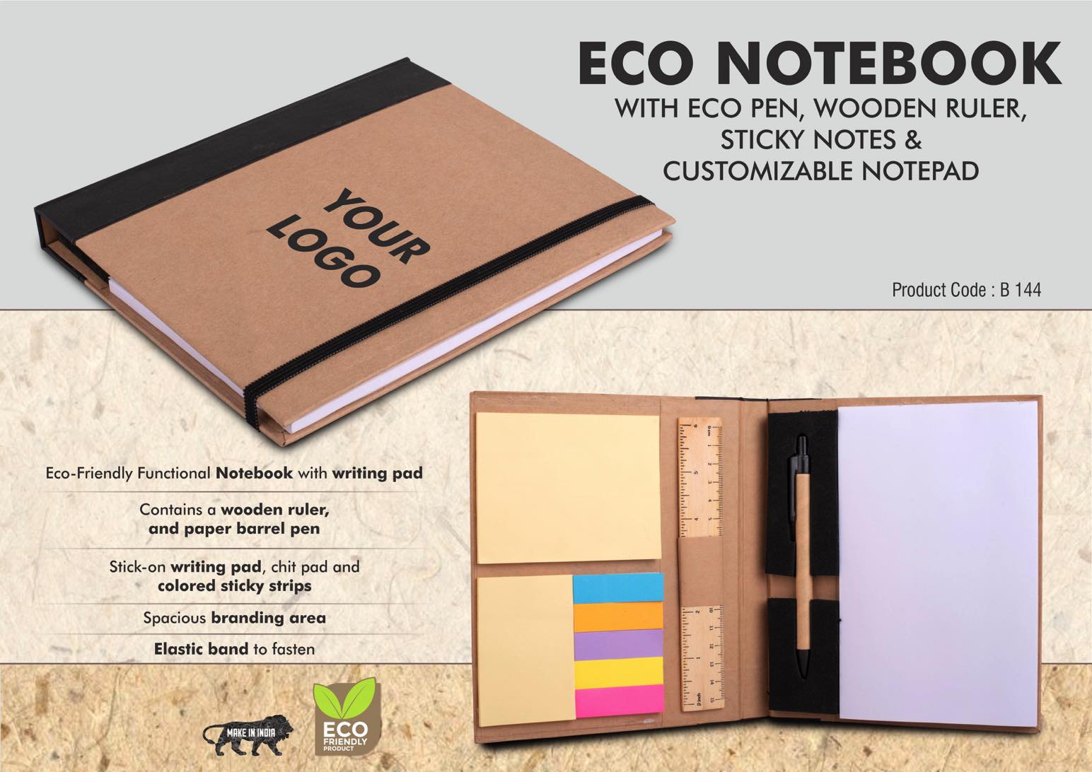Eco Notebook with Eco Pen, Wooden Ruler and Sticky notes - Customizable notepad