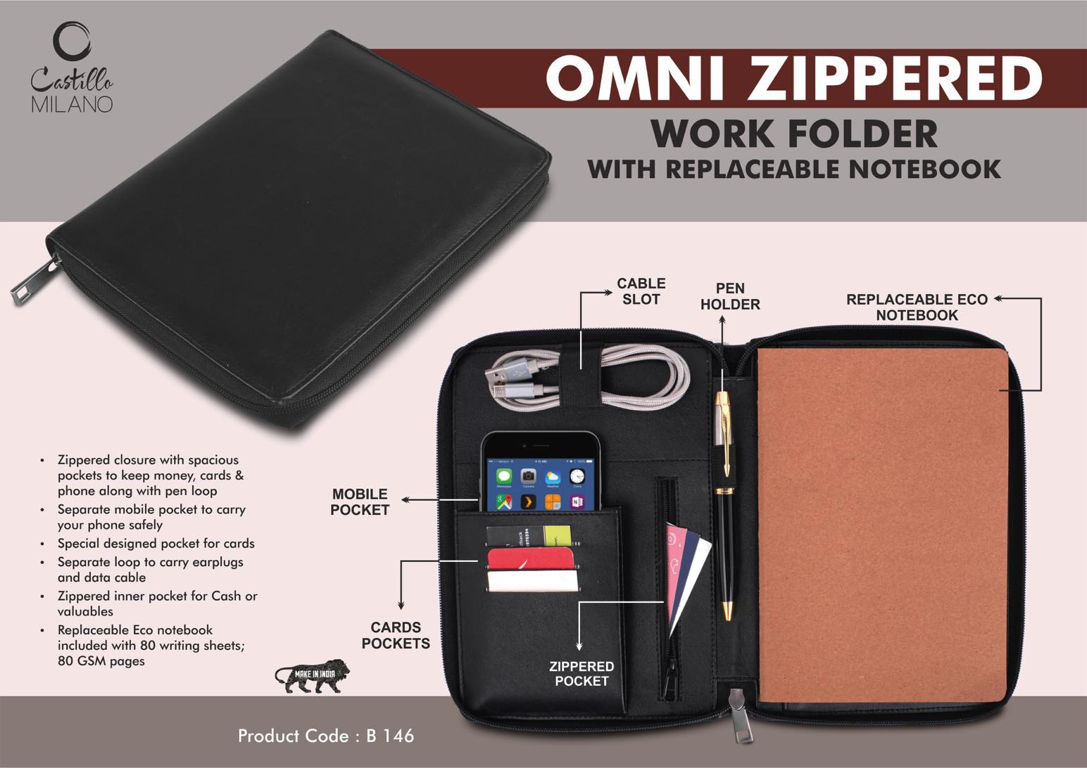 Omni Zippered Work folder with Notebook - Pockets for cards, phone, pen, cables, etc