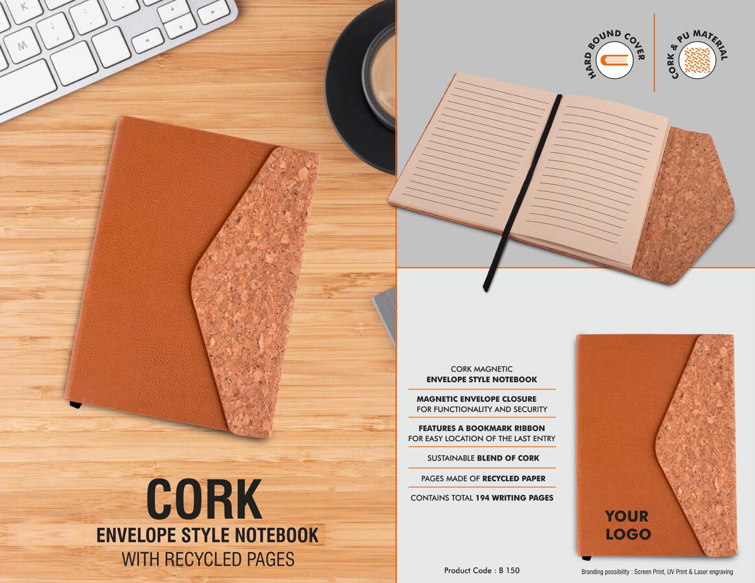 Cork Magnetic Envelope style Notebook with recycled pages