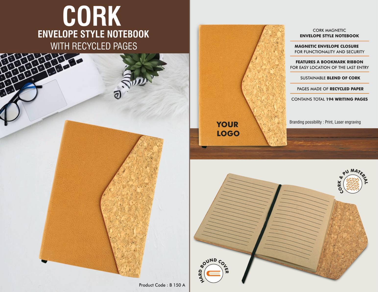 Cork Magnetic Envelope style Notebook with recycled pages