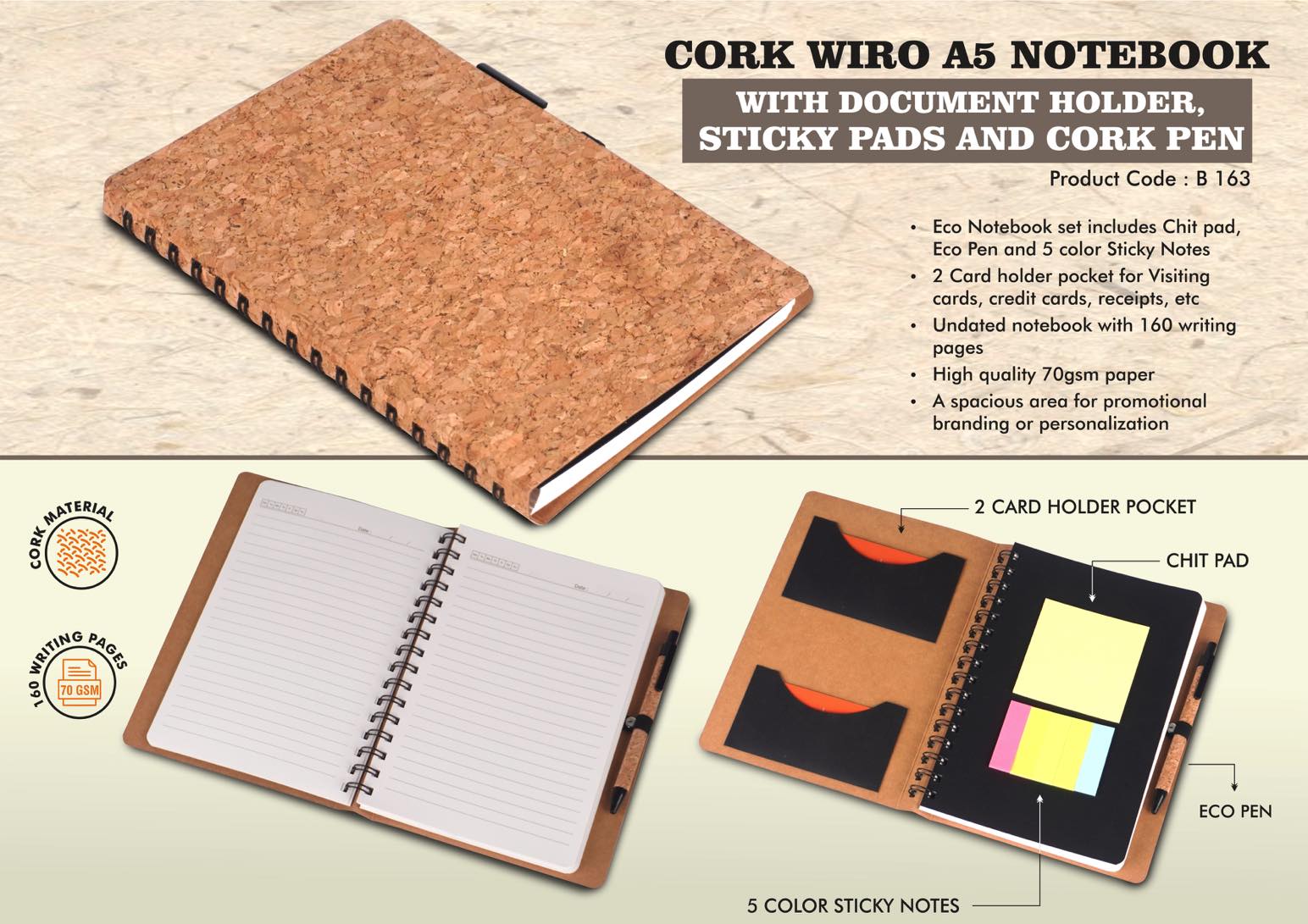 Cork Wiro notebook with Document Holder, Sticky pads and Cork Pen - A5 size