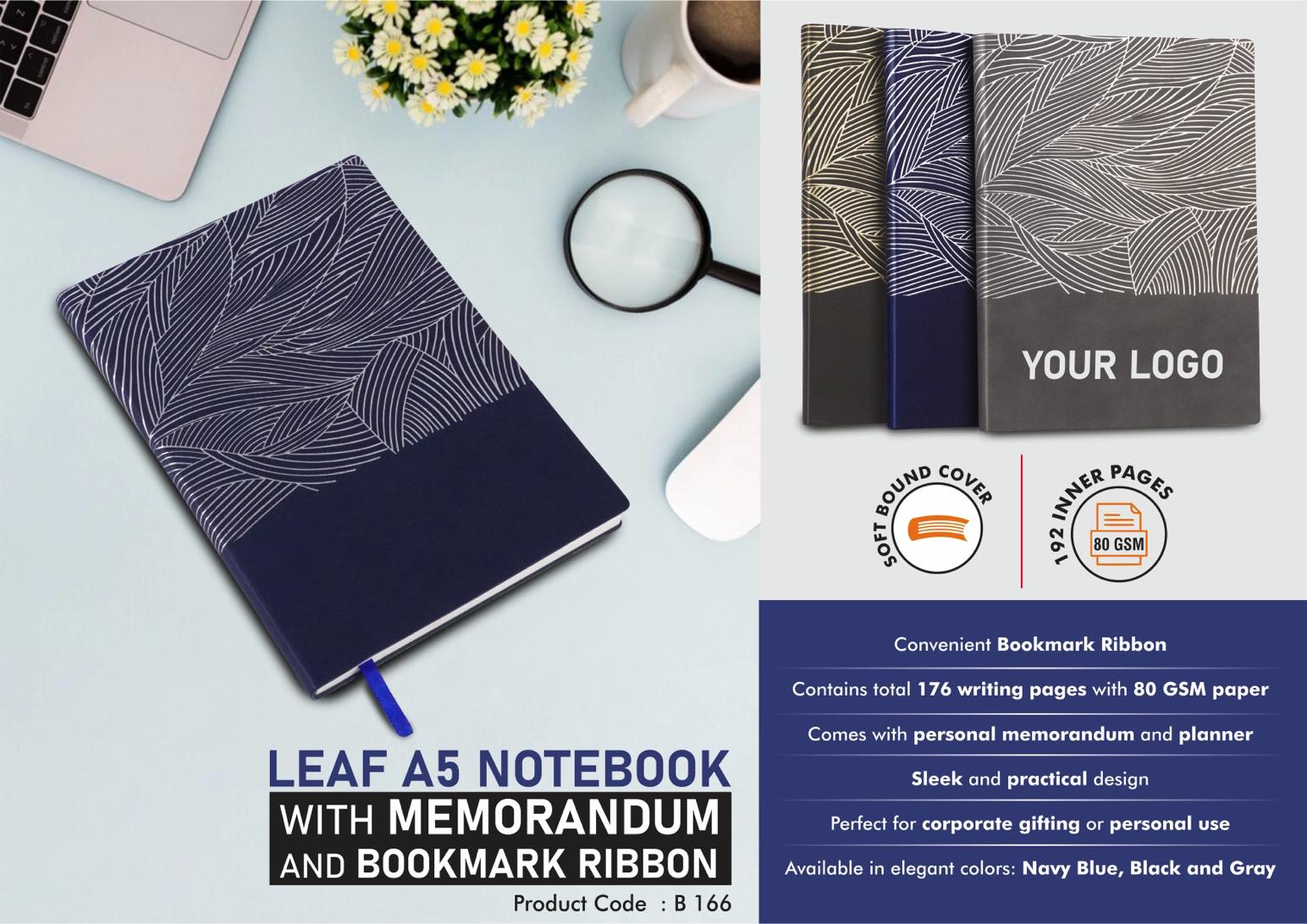 Leaf A5 Notebook with Memorandum and Bookmark Ribbon