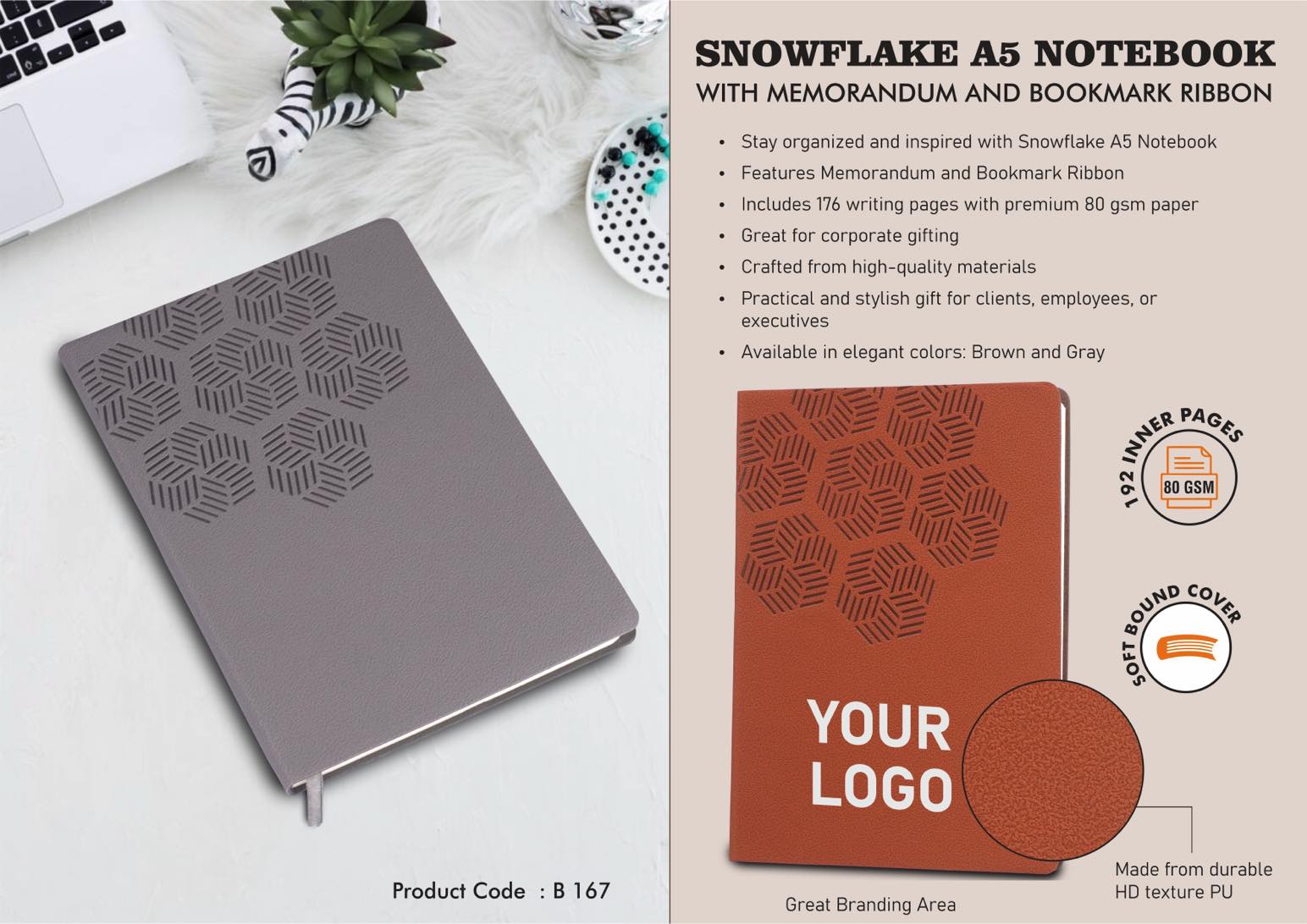 Snowflake A5 Notebook with Memorandum and Bookmark Ribbon - HD texture PU