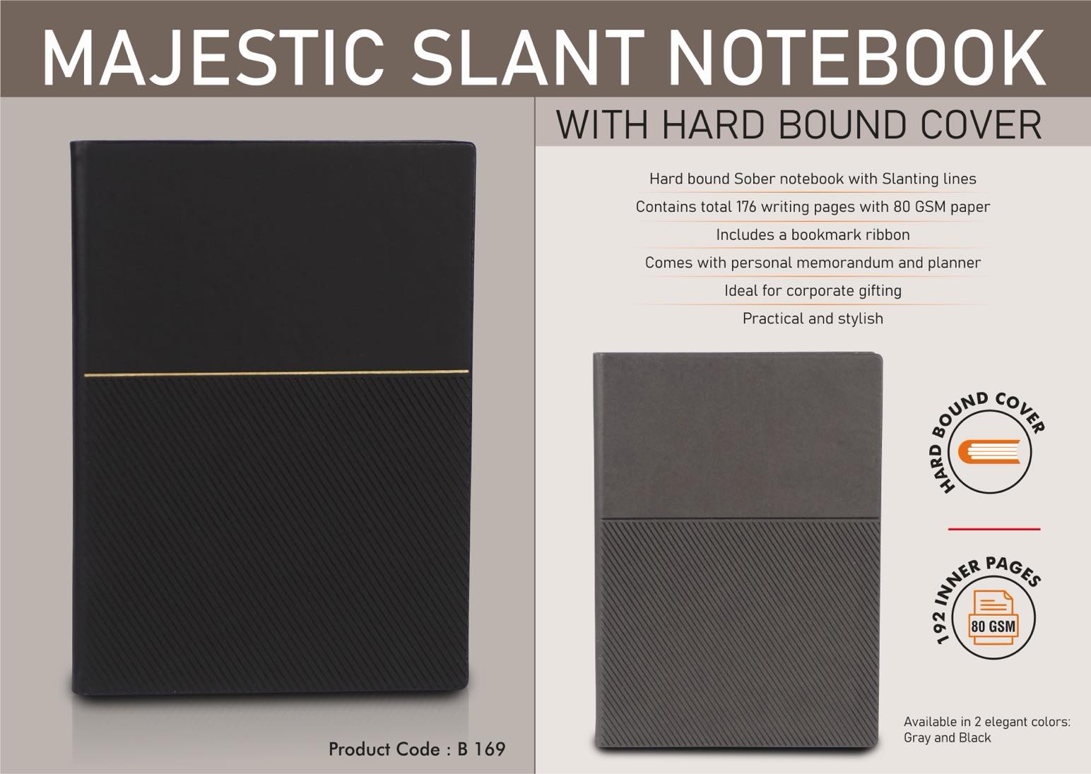 Hard bound Sober notebook with Slanting lines - Includes Memorandum and Bookmark Ribbon