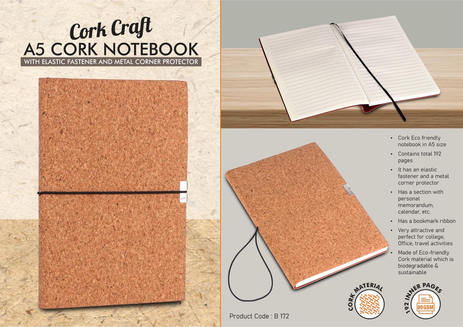 CorkCraft A5 Cork Notebook with Elastic Fastener and Metal Corner Protector