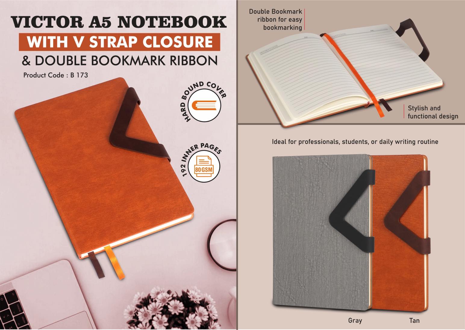 Victor A5 Notebook with V Strap Closure and Double Bookmark Rbbon