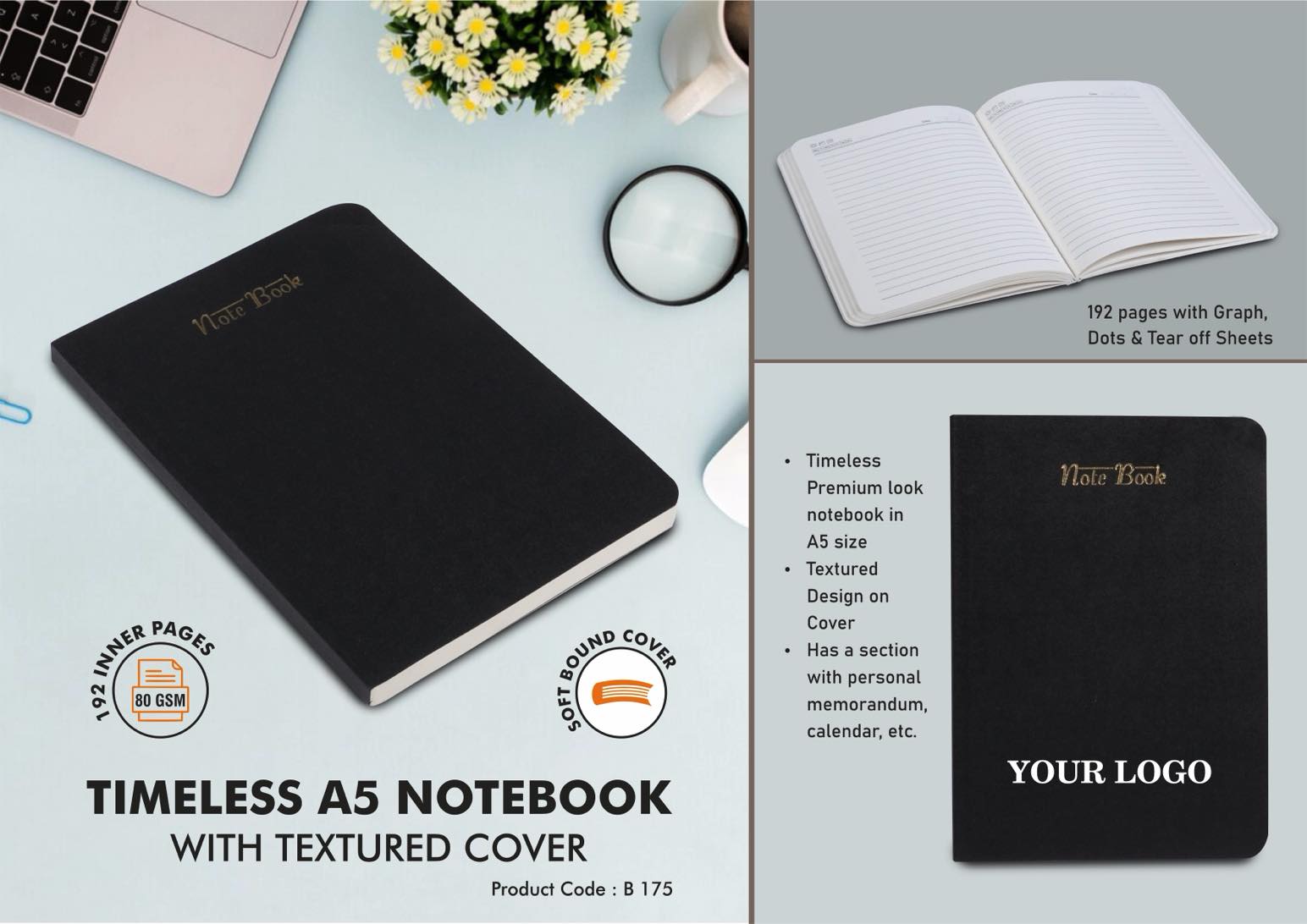 Timeless A5 notebook with textured cover - 192 pages with Graph, Dots and Tear off Sheets