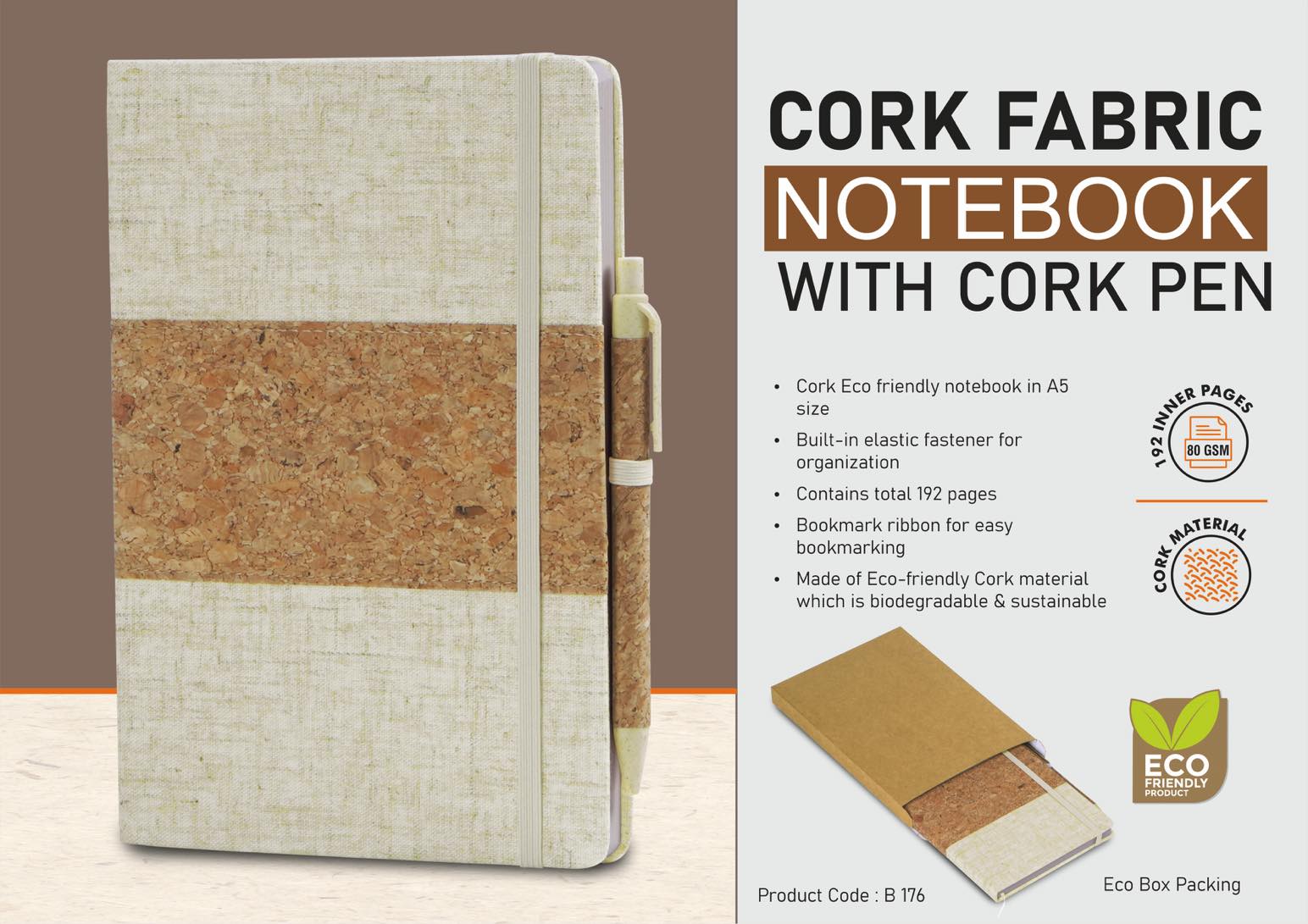 Cork fabric notebook for set 200 writing sheets - 80 gsm pages