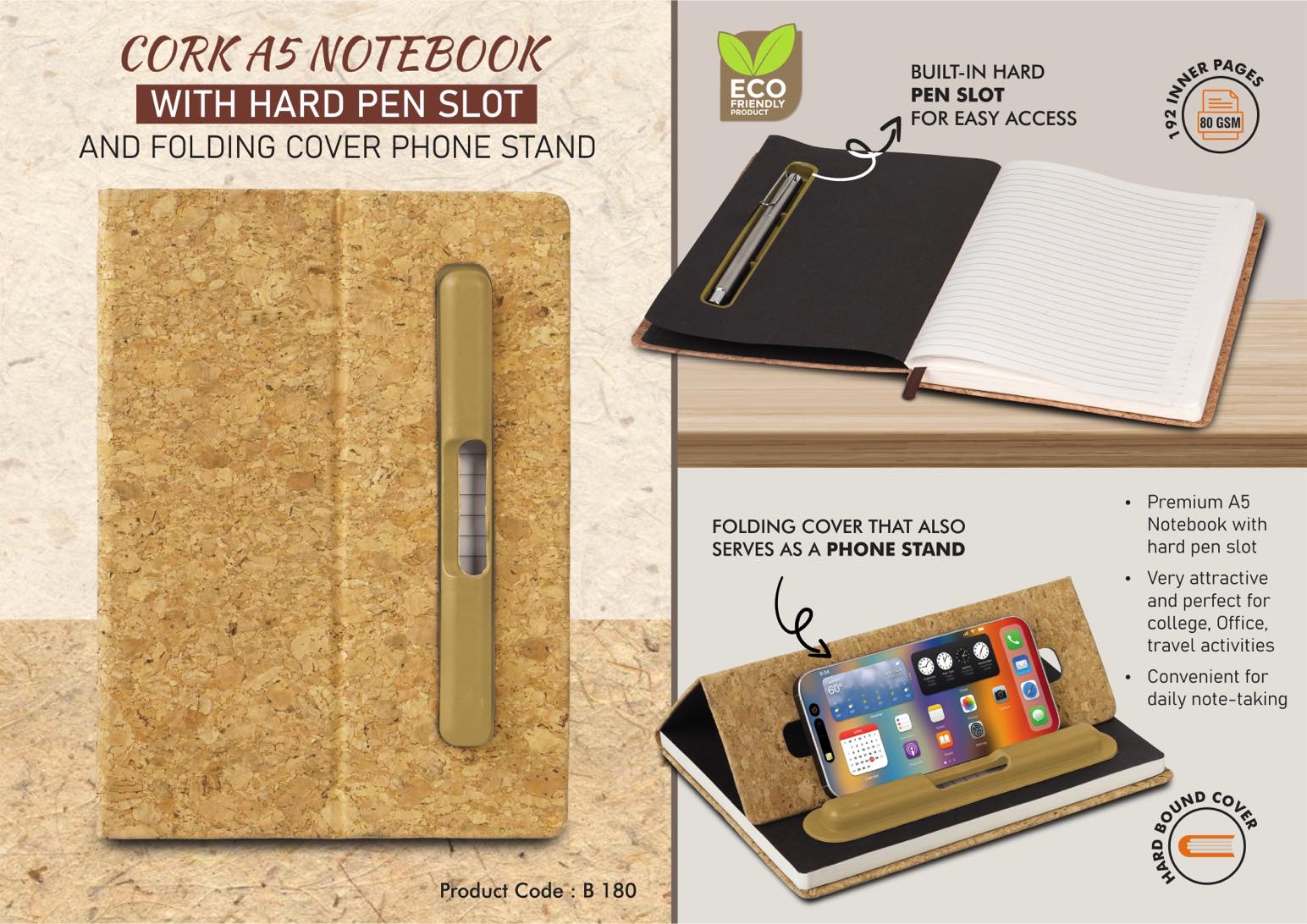 Cork A5 Notebook with Hard pen slot and Folding cover Phone Stand