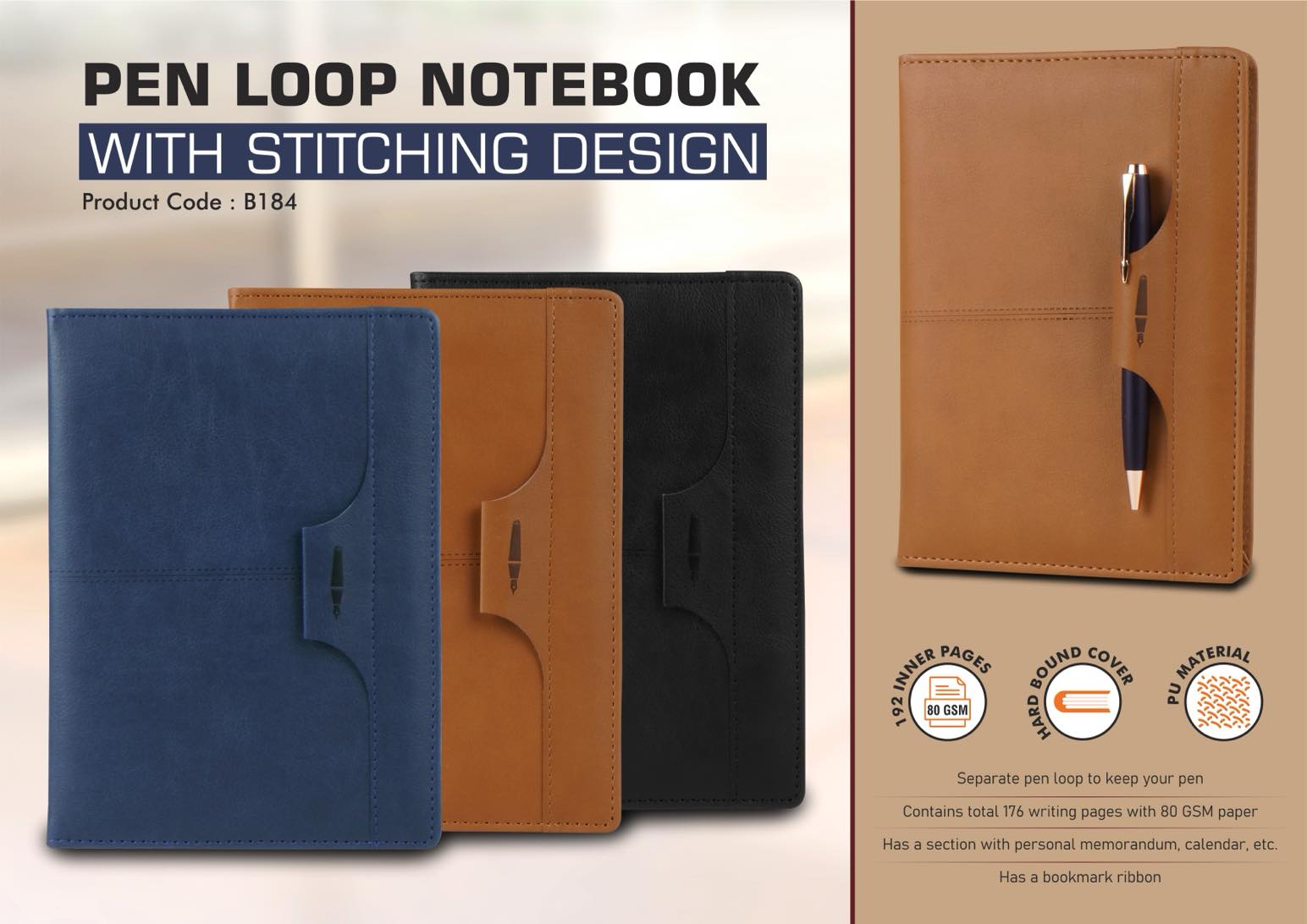 Pen Loop notebook with Stitching design with bookmark ribbon