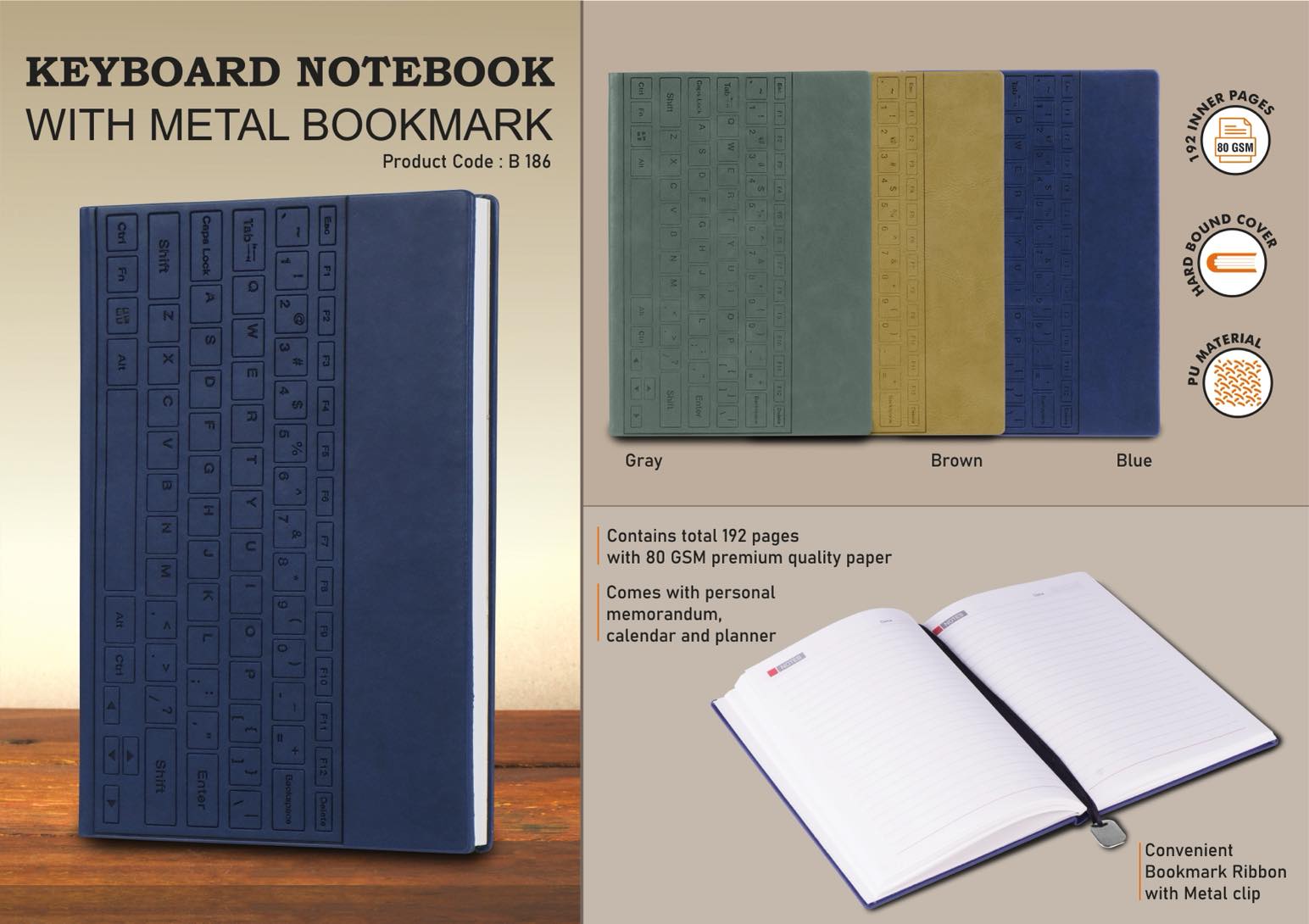 Keyboard notebook with metal Bookmark - Hard bound cover