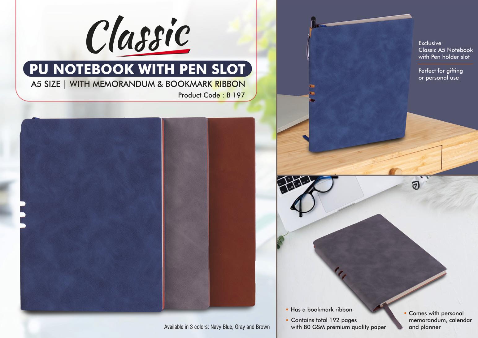 Classic PU notebook with Pen slot - A5 size - With memorandum and Bookmark ribbon