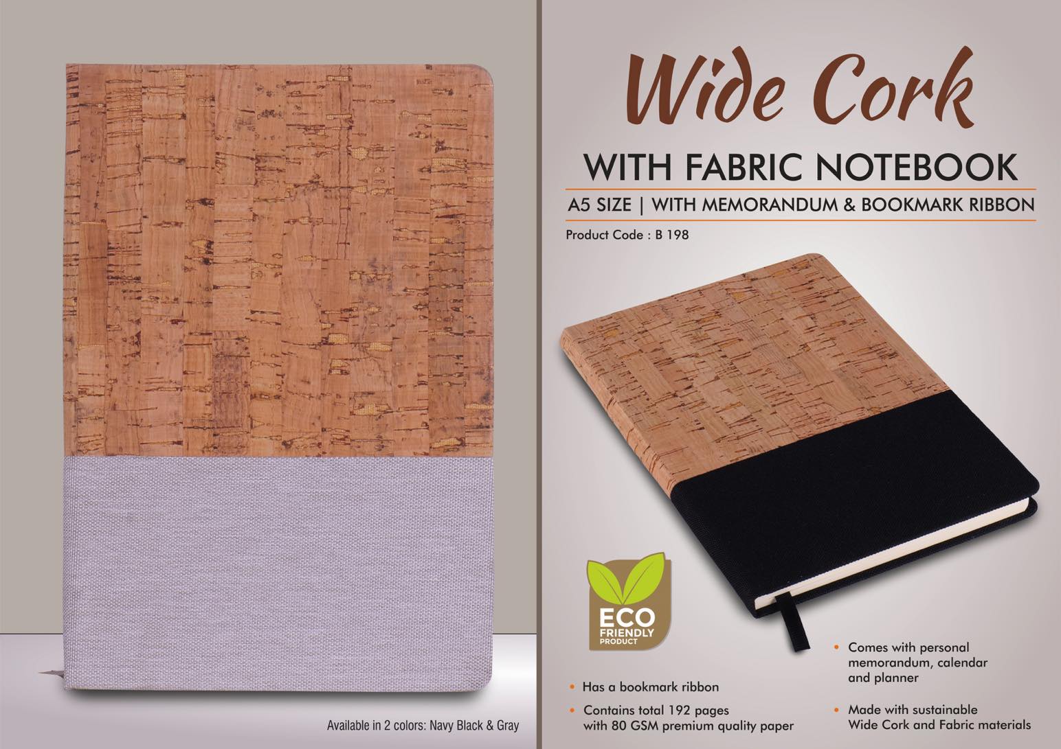 Wide Cork with Fabric Notebook - A5 size - With memorandum and Bookmark ribbon