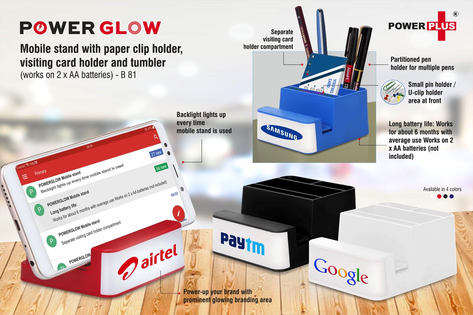 Powerglow Mobile stand with paper clip holder, visiting card holder and tumbler