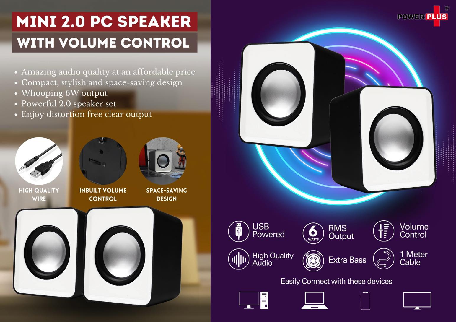 Mini Notebook -PC speakers with volume control - 6W Output - Set of 2