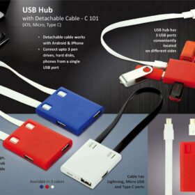USB Hub with detachable cable (iOS, Micro, Type C)  3 USB ports