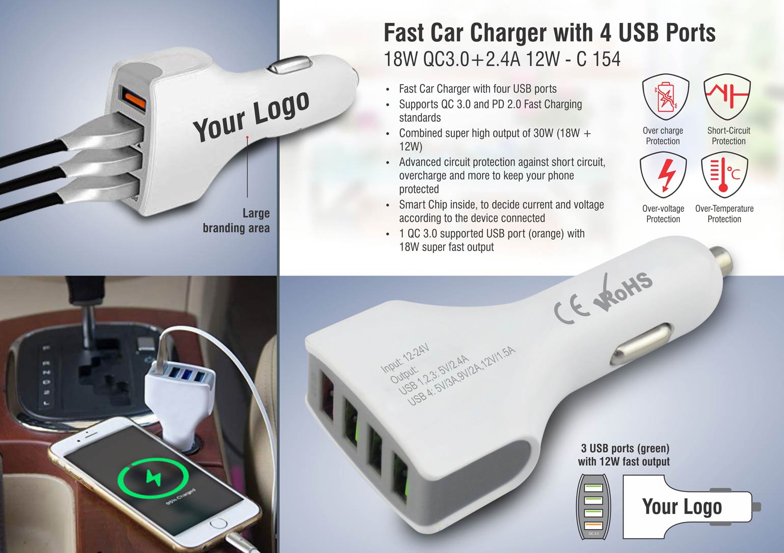 Fast car charger with 4 USB ports - 18W QC3.0+2.4A 12W