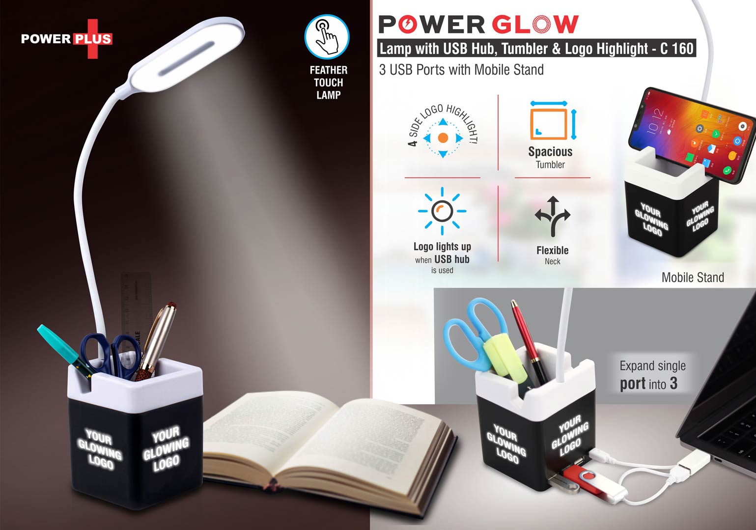PowerGlow Table Lamp with USB hub, tumbler and logo highlight - 3 USB ports - With mobile stand