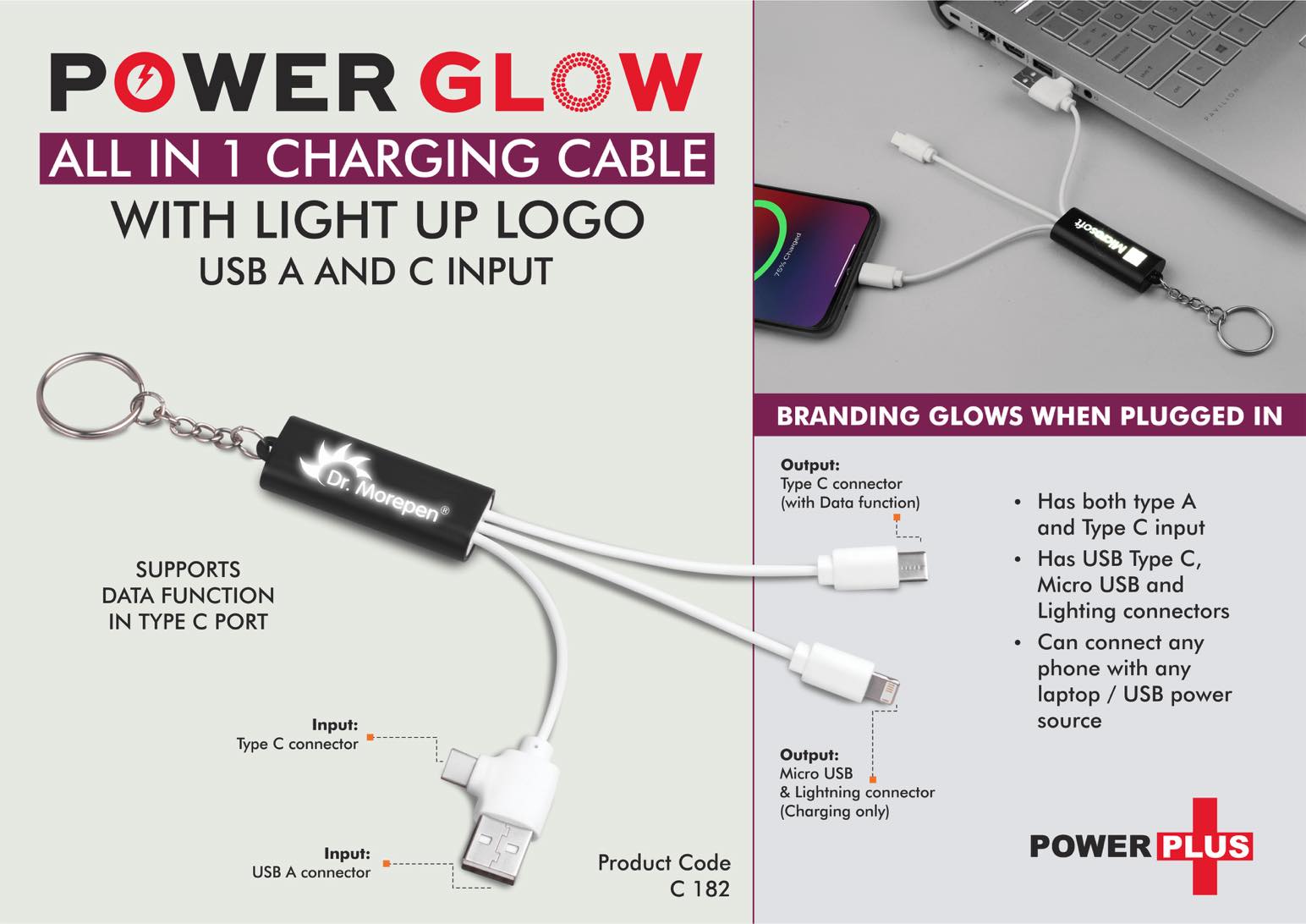 PowerGlow All in 1 Charging cable with light up logo - Supports Data Function in Type C port - USB A and C input