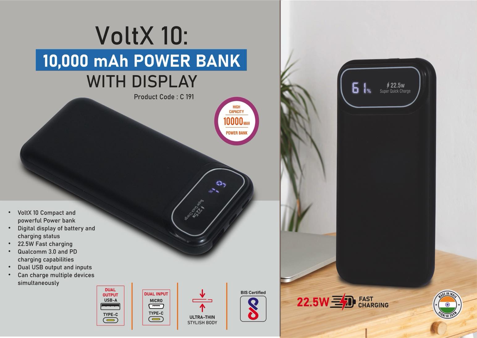 VoltX 10- 10,000 mAh Power bank with Display - 22.5W Fast charging - Supports Qualcomm 3.0 + PD charging - Dual USB output and inputs