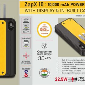 ZapX 10- 10,000 mAh Power bank with Display and In-Built Cables - 22.5W Fast charging - Supports Qualcomm 3.0 + PD charging - Dual USB output and inputs
