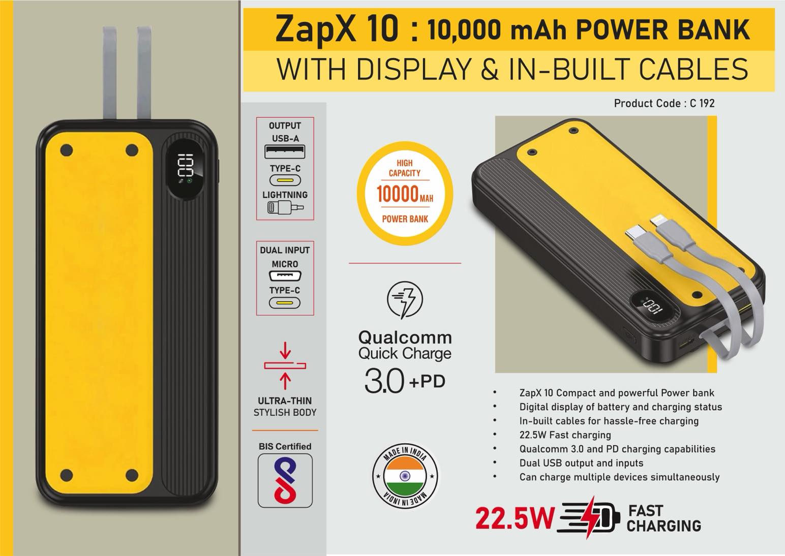 ZapX 10- 10,000 mAh Power bank with Display and In-Built Cables - 22.5W Fast charging - Supports Qualcomm 3.0 + PD charging - Dual USB output and inputs