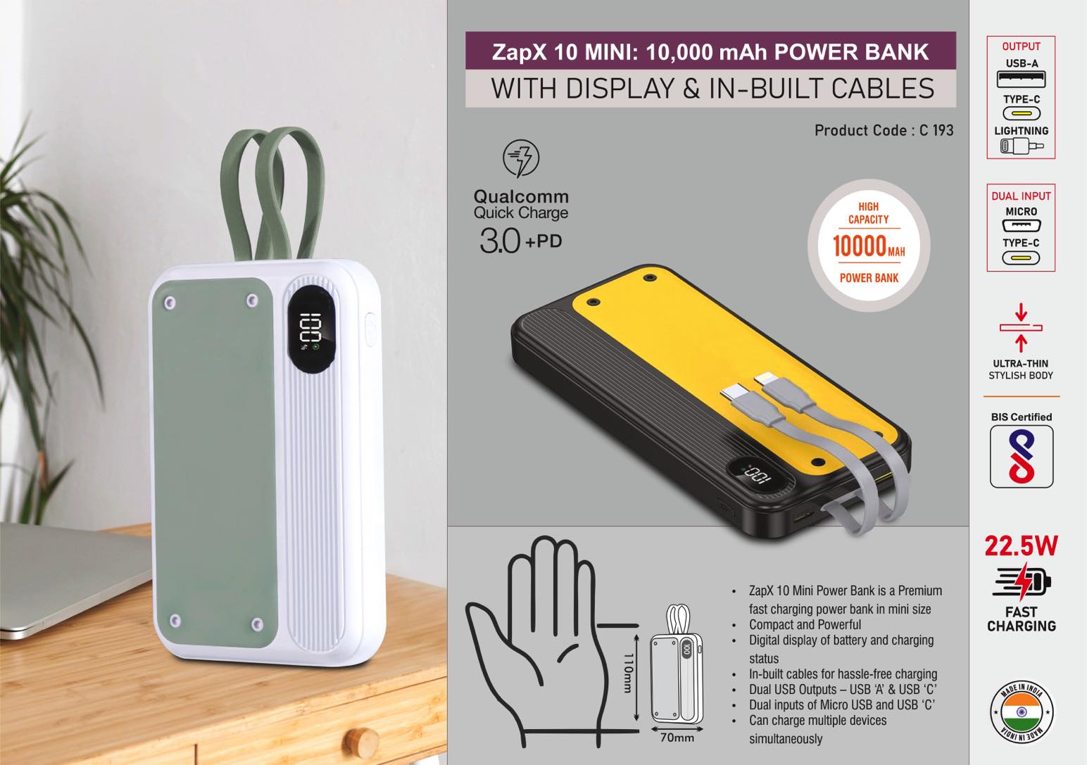 ZapX 10 Mini- 10,000 mAh Power bank with Display and In-Built Cables - 22.5W Fast charging - Supports Qualcomm 3.0 + PD charging - Dual USB output and inputs