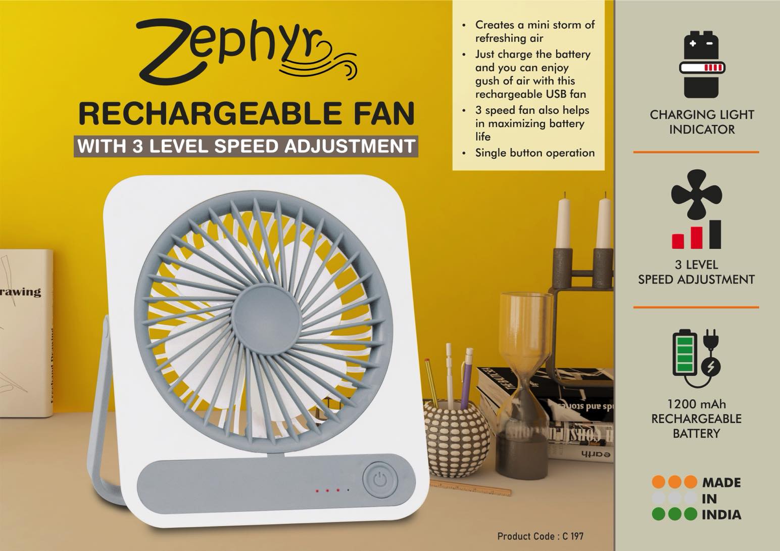 Zephyr- Rechargeable fan with 3 level speed adjustment - 1200mah battery