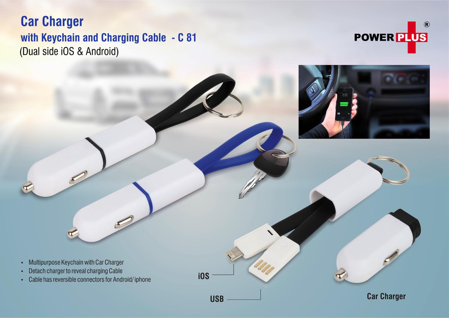 Car charger with keychain and charging cable (dual side iOS and Android)