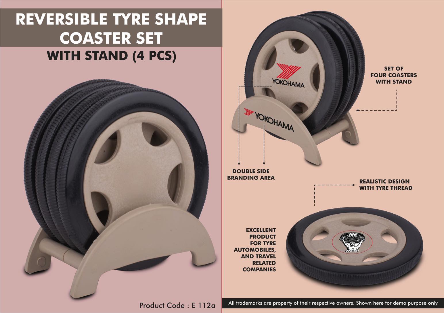 Reversible Tyre shape coaster set with stand (4 pcs)