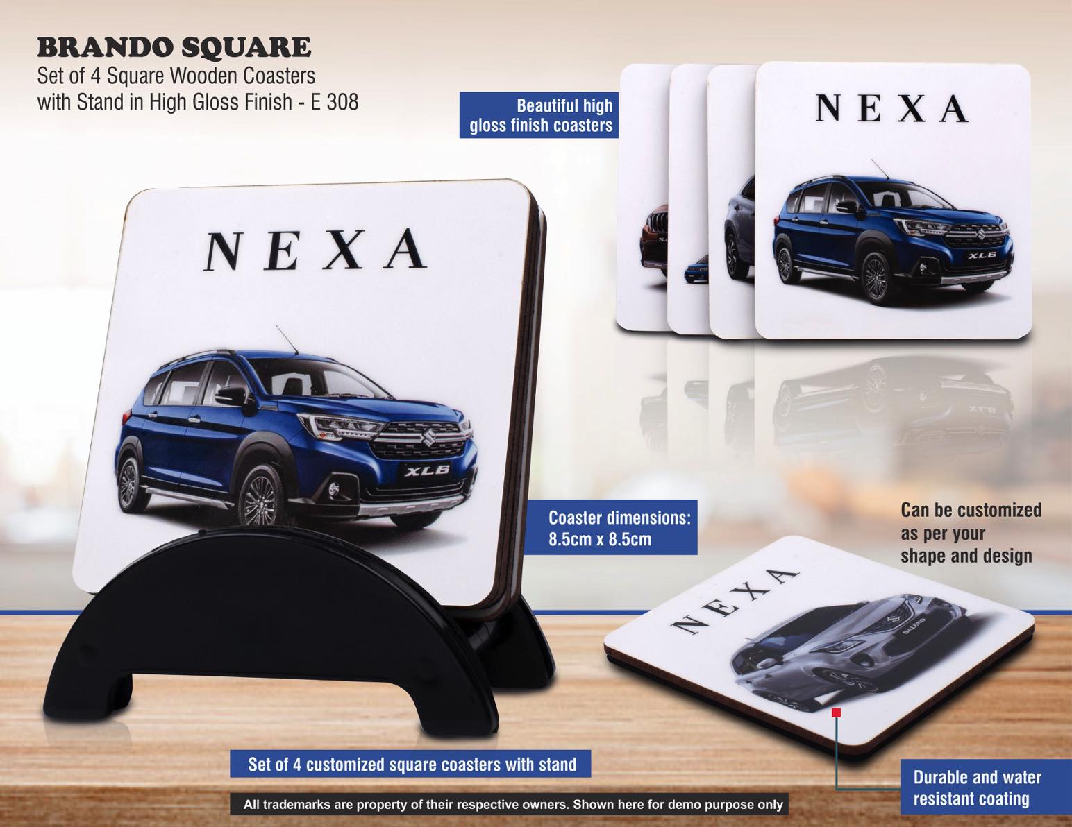 Brando Square- Set of 4 Square Wooden coasters with Stand in High Gloss Finish - MOQ 100 pcs