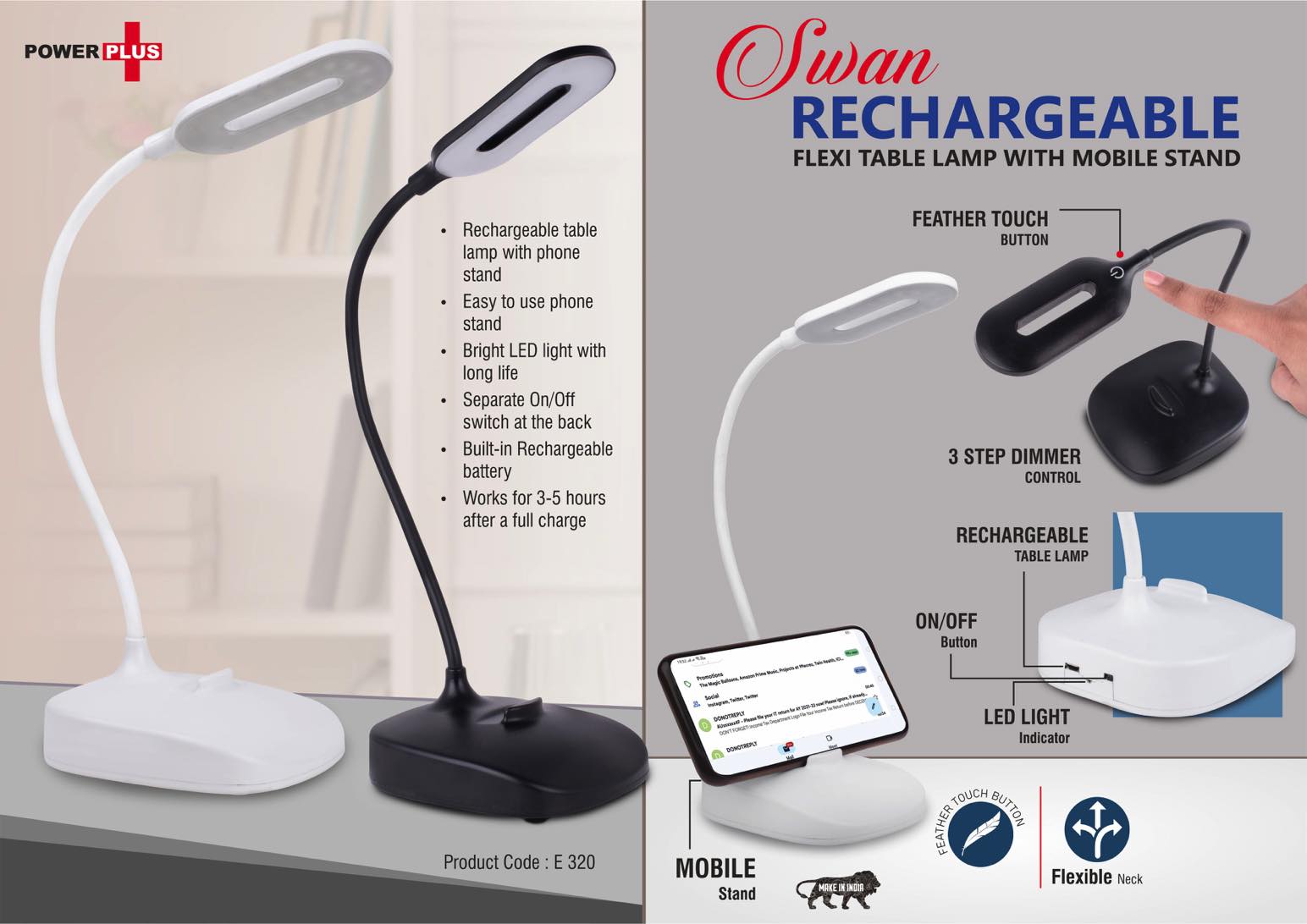 Rechargeable Flexi table lamp with Mobile stand - 3 step dimmer control - Feather Touch button