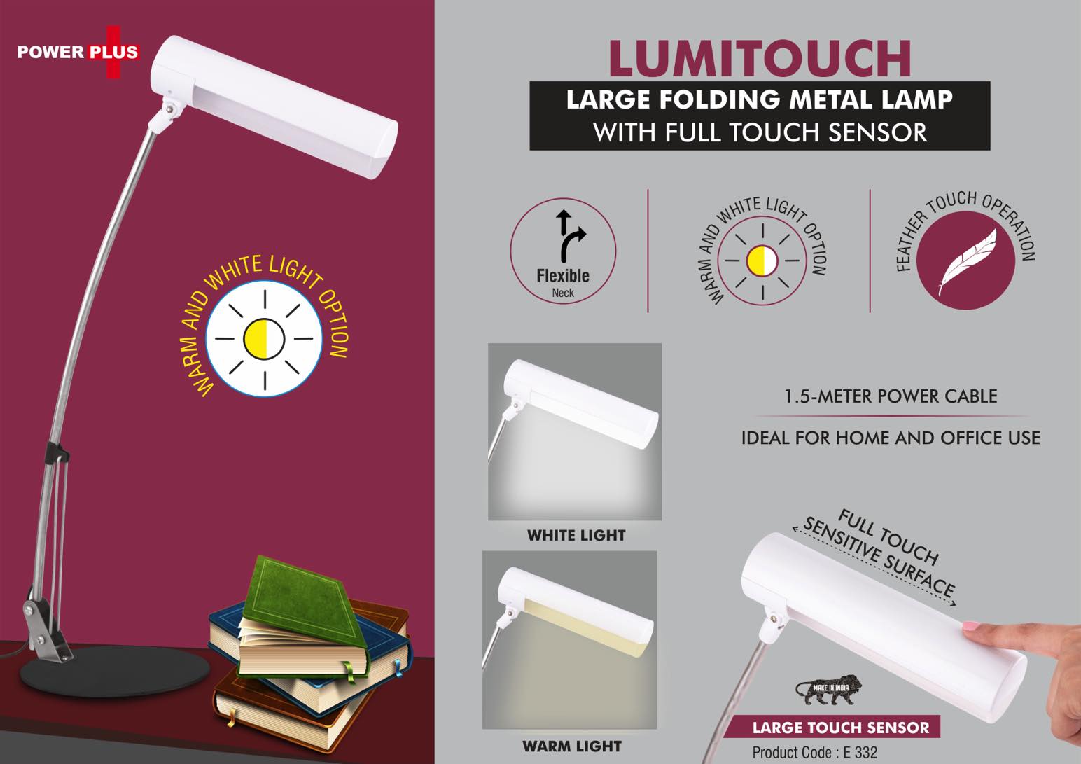 LumiTouch- Large folding Metal lamp with Full touch sensor - Warm and White Light option - Smooth dimmer function