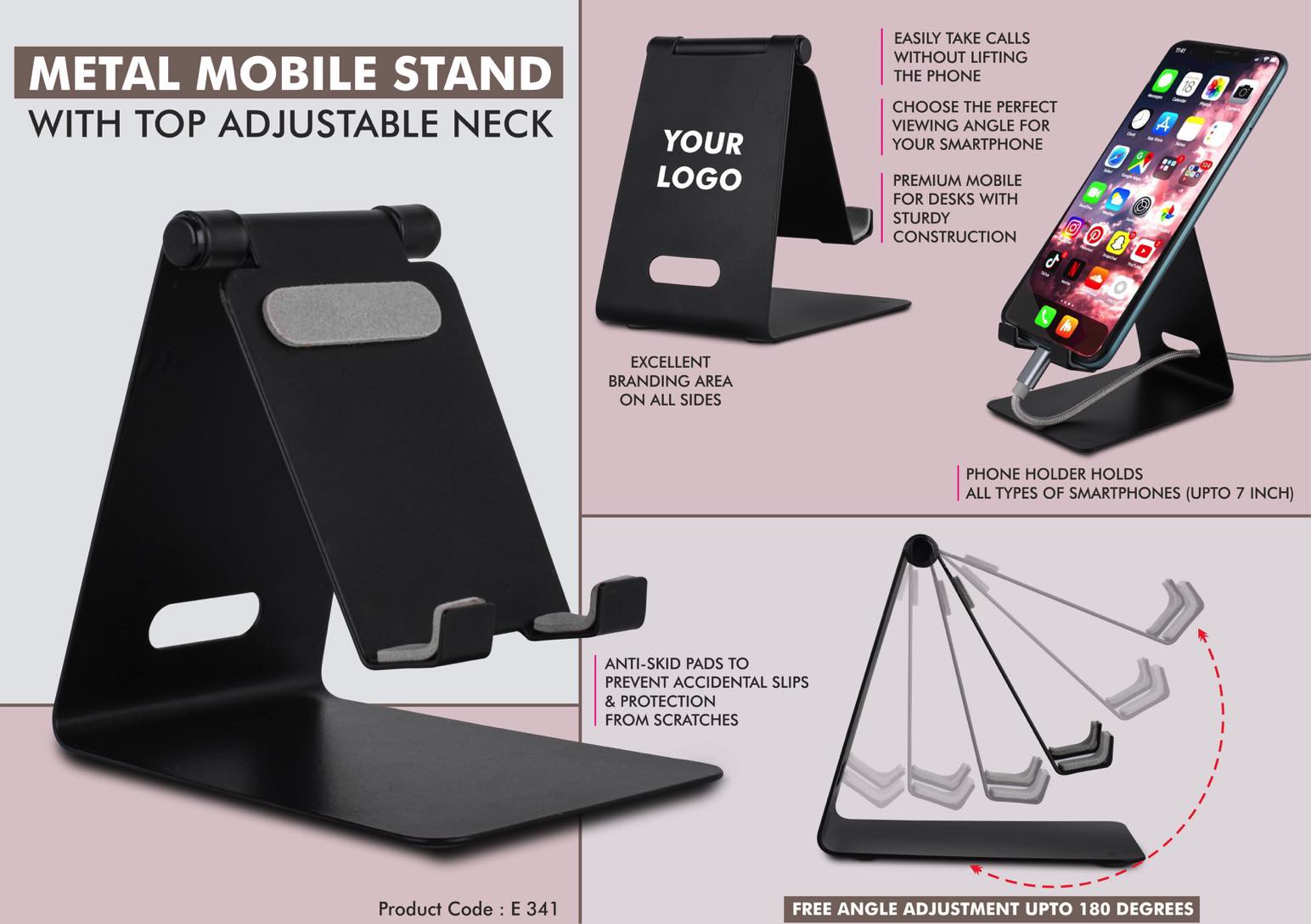 Metal mobile stand with top adjustable neck - Oval cable slot